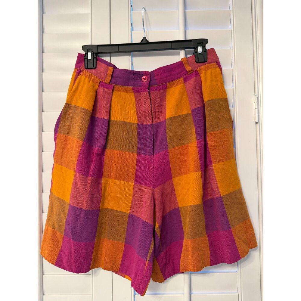 Vintage Plaid High Waisted Pleated Trouser Shorts Pink Orange by Casual Corner